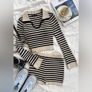 SHEIN 2-Piece Striped Short And Collared Sweater Set